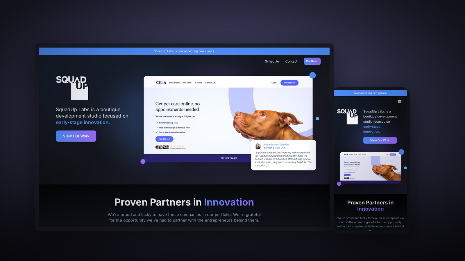 SquadUp Labs studio site on desktop and mobile showing a client product